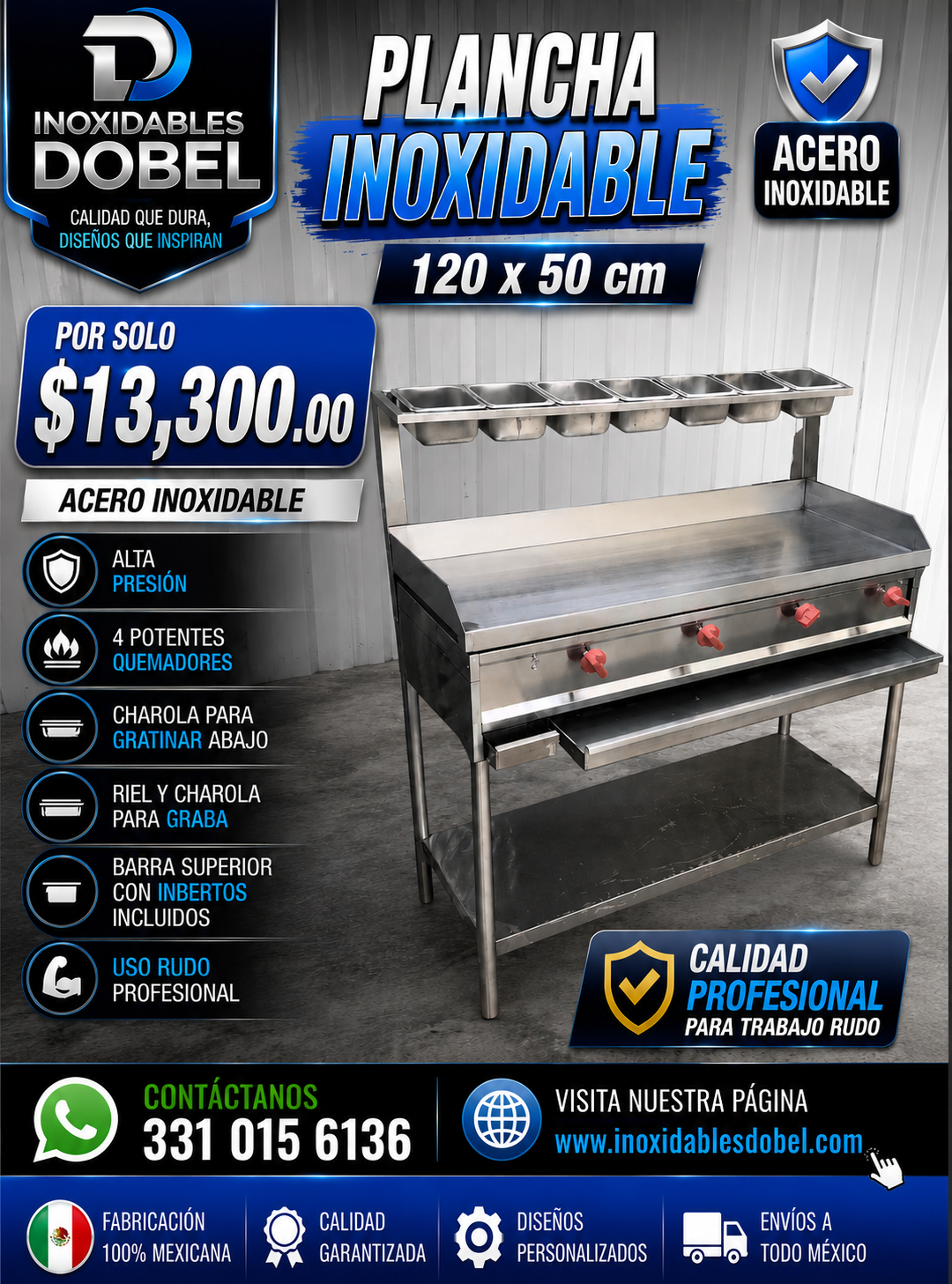 Plancha Inoxidable 120x50 con Barra de Insertos