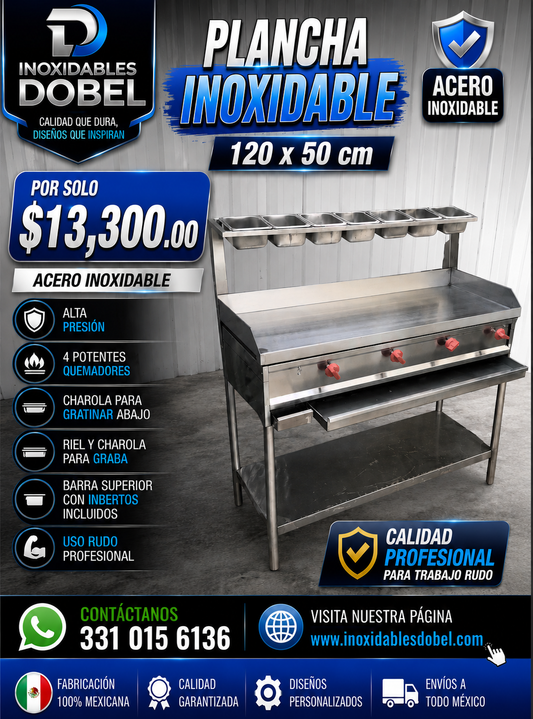 Plancha Inoxidable 120x50 con Barra de Insertos