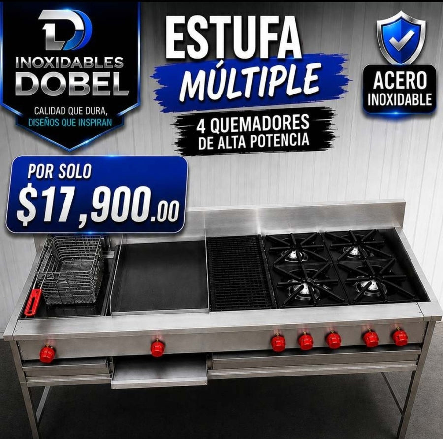 Estufa Múltiple 170x65x90 con Plancha de Acero Negro