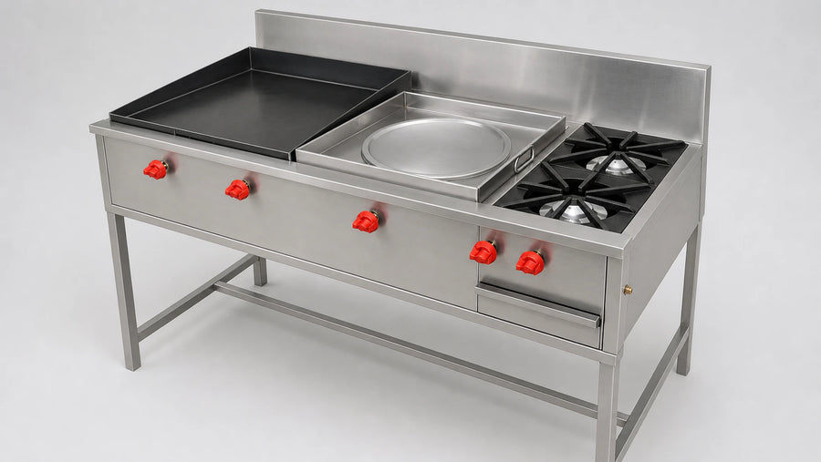 Estación Plancha, 2 Quemadores y Comal de Vapor 210x60